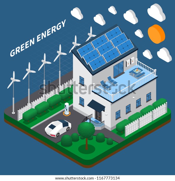 Green energy generation for household consumption\
isometric composition with roof solar panels and wind turbines\
vector illustration  