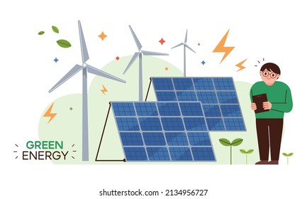 Green energy generation. Solar and wind power vector illustration.