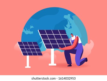 Green Energy, Global Warming and Environment Problems Concept. Man Set Up Solar Panel against Earth Globe. Renewable Power of Sun, Clean Electricity Development. Cartoon Flat Vector Illustration