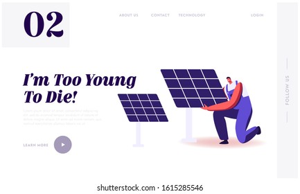 Green Energy, Global Warming and Environment Problems Website Landing Page. Man Set Up Solar Panel. Renewable Sun Power, Clean Electricity Development Web Page Banner. Cartoon Flat Vector Illustration