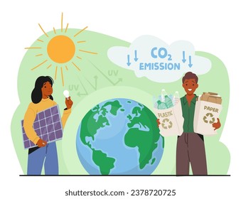 Concepto de Energía Verde, Calentamiento Global y Soluciones Ambientales. Caracteres con panel solar y paquete reutilizable cerca del globo terrestre. Energía renovable del Sol, Energía limpia. Ilustración del vector de dibujos animados