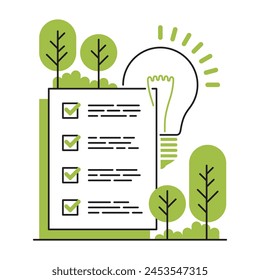 Green Energy Goals and investment funds decoration - checklist with goals for energy-saving improvements. Lightbulb as creative solutions