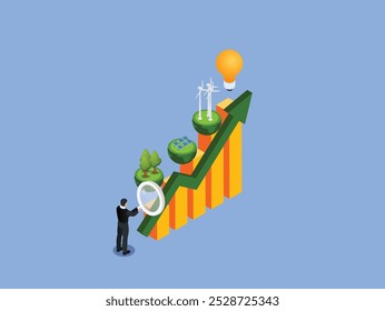 Crescimento de energia verde e investimento sustentável ilustração vetorial isométrica 3d