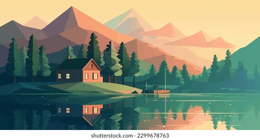 Green Energy Haven  Vector Summer Landscape with Forest Mountains  Lake  and House