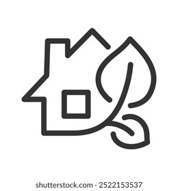 Green energy in Home vector graphic icon. House and branch, tree leaves. Editable stroke lines. Isolated on white background.