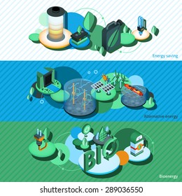 Green energy horizontal banners set with alternative bioenergy saving isometric elements isolated vector illustration