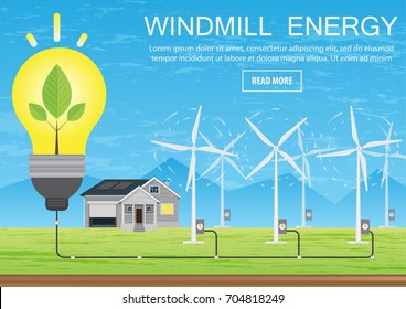 Green energy, a house that feeds energy from windmills. Wind power generates energy for an environmentally friendly life, Vector illustration of flat