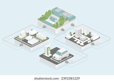 Green energy from hydroelectric solar farm windmill isometric vector flat design