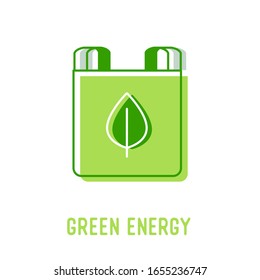 Green Energy Icon with Battery and Plant Leaf Drawing Isolated on White Background. Earth of Day Sign, Graphic Symbol for Ecological Poster, Power Sign for Infographics Banner, Vector Illustration