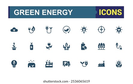 Green Energy icon collection. Containing renewable, environmental, efficiency, sustainable lifestyle, solar, science and more. Modern flat icons. Editable vector illustration.