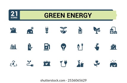 Green Energy icon collection. Containing renewable, environmental, efficiency, sustainable lifestyle, solar, science and more. Modern flat icons. Editable vector illustration.