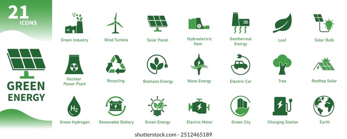 Green energy icon. Collection of icons about ecology, renewable energy, environment, earth, nature. Solid vector icons.