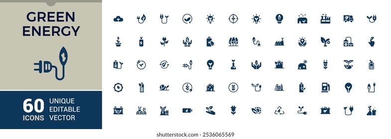 Green Energy icon collection. Icons set with solar, sustainable lifestyle, power, leaf, environmental, energy and more. Minimal filled icons. Editable vector icon and illustration.
