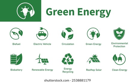 Ícone de energia verde. Coleção de ícones sobre o tema de proteção ambiental, ecologia, energia renovável, energia verde, folha. Ícones de vetor sólido.