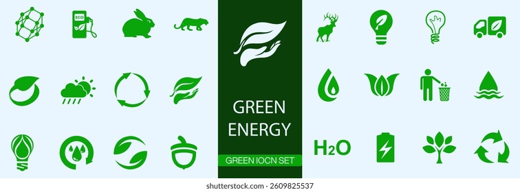 Green energy icon. Collection of icons about ecology, renewable energy, environment, earth, nature. Solid vector icons.