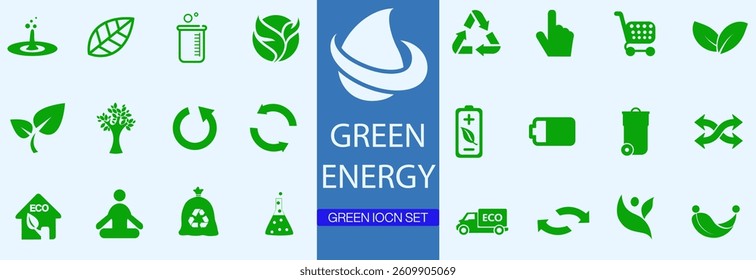 Green energy icon. Collection of solid vector icons on the theme of environment protection, ecology, renewable energy, biobattery, leaf.