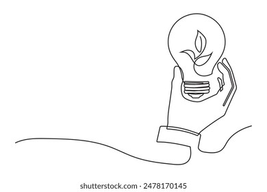Green energy icon in continuous line art drawing style. Human hand holding light bulb with plant inside as a symbol of environmental friendly sources of energy black linear design on white background.