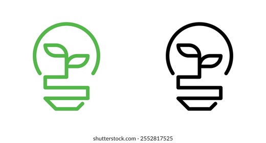 Green energy icon design. Symbol of light bulb, leaves and sprout. Sustainability trend. Power, electricity, and resources.