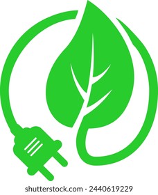 Green energy icon in the form of a wire with a plug socket and a leaf as a renewable energy concept