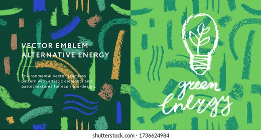 Green energy icon in hand-drawn style on abstract seamless pattern background. Vector creative illustration of Alternative energy concept. Renewable energy logo. Environmental texture for eco banner.