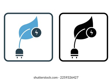 Green energy icon illustration. Leaf icon with electricity. icon related to ecology, renewable energy. Solid icon style. Simple vector design editable