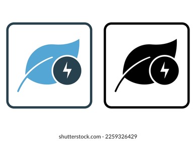 Green energy icon illustration. Leaf icon with electricity. icon related to ecology, renewable energy. Solid icon style. Simple vector design editable