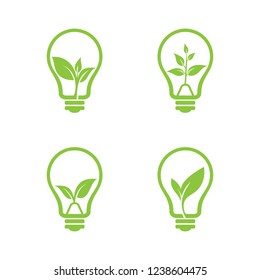 Green energy icon with light bulb, plant abstract. Safe idea. bulb lamp with leaf logo
