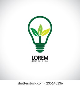 green energy icon with light bulb & leaves - concept vector. This also represents energy & nature conservation, alternative energy, sustainable development, eco concept