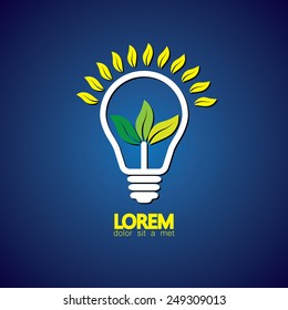 green energy icon with light bulb & leaves - concept vector. This also represents energy & nature conservation, alternative energy, sustainable development, eco concept