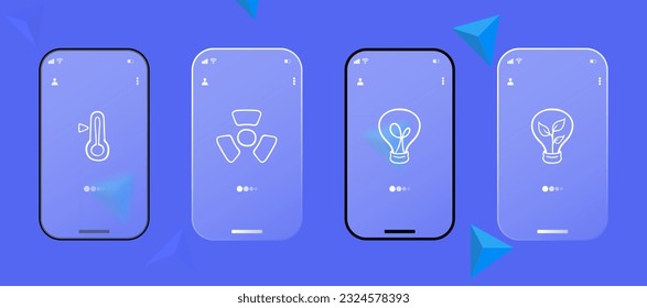 Green Energy Icon. Radioactive threat sign, thermometer, light bulb, sprout. Glassmorphism style. Ui phone app