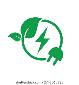 Green energy icon. Renewable energy icon. Energy icon with green leaf. Eco friendly, environmentally. Eco icon. Save energy symbol. 