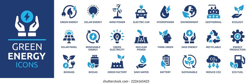 Green energy icon set. Collection of renewable energy, ecology and green electricity icons. Vector illustration. - Shutterstock ID 2226165423