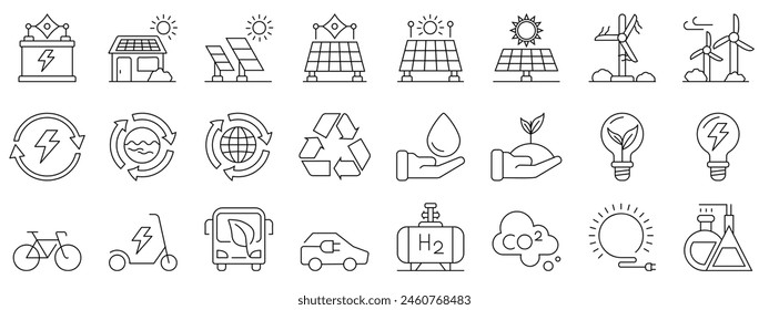 Green energy icon set. Collection of sustainable energy icons. Icons for renewable energy, green technology. Flat style icon. Environmental sustainability simple symbol.