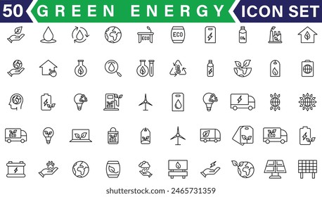 Green energy icon set. Collection of renewable energy, ecology and green electricity icons. Vector illustration