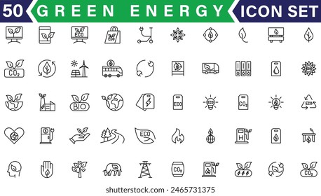 Green energy icon set. Collection of renewable energy, ecology and green electricity icons. Vector illustration