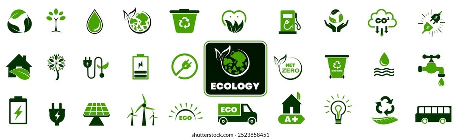 Conjunto de iconos de energía verde. Colección de energía renovable, ecología e íconos de electricidad verde. Concepto de ecología. Contiene iconos como CO2 neutral, energía solar, geotérmica y eólica y más