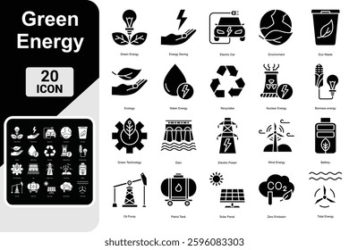 Green energy icon set. Collection of renewable energy, ecology and green electricity icons. Vector illustration