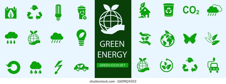 Green energy icon set. Collection of renewable energy, ecology and green electricity icons. Ecology concept. Contains such icons as CO2 neutral, solar, geothermal and wind energy and more