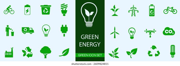 Green energy icon set. Collection of renewable energy, ecology and green electricity icons. Ecology concept .Contains such icons as CO2 neutral, solar, geothermal and wind energy and more