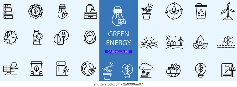 Green and green energy icon set. Collection of green energy, ecology and green electricity icons. Ecology concept.
