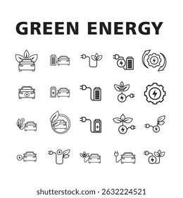 Green energy icon set. Collection of renewable energy, ecology and green electricity icons. symbol for reuse, recycle, zero emission. Line design style