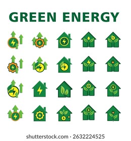 Green energy icon set. Collection of renewable energy, ecology and green electricity icons. symbol for reuse, recycle, zero emission. Solid design style