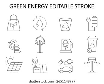 Green energy icon set. Collection of renewable energy, ecology and green electricity icons. Natural ecology concept. Editable stroke.