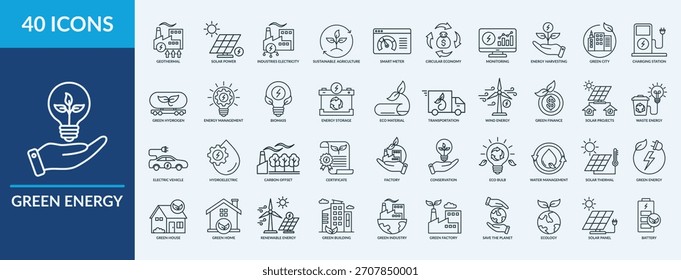 Green energy icon set. Containing wind energy, solar power, geothermal, eco material and more. Outline vector icons collection