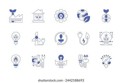 Green energy icon set. Duotone style line stroke and bold. Vector illustration. Containing eco factory, ecology, lightbulb, maintenance, green house, green energy.