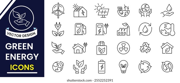 Green energy icon set. Ecology and green electricity icons, Renewable energy, vector set. Eco friendly icon set,  solar, wind mill, renewable and alternative power symbols vector illustration.