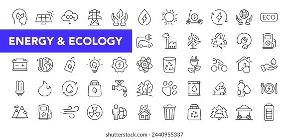 Green energy icon set with editable stroke. Ecology thin line icon collection. Vector illustration