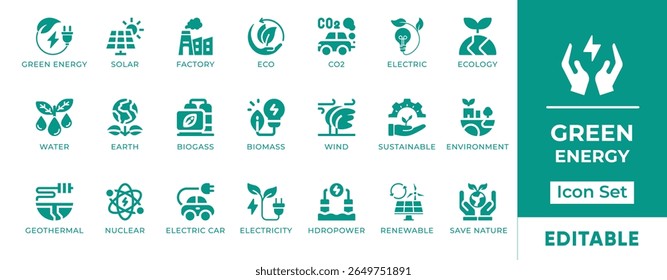 Green Energy Icon Set. Features icons of solar power, wind turbines, eco charging, renewable energy, and sustainability. Perfect for environmental and tech projects.