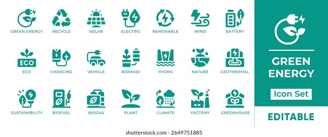 Green Energy Icon Set. Includes icons of renewable sources like solar panels, wind power, eco charging, and sustainability. Perfect for clean tech and eco projects.