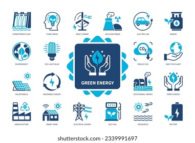 Juego de iconos de Energía Verde. Energía nuclear, paneles solares, turbina eólica, batería, biogás, energía geotérmica. Iconos sólidos de color Duotone